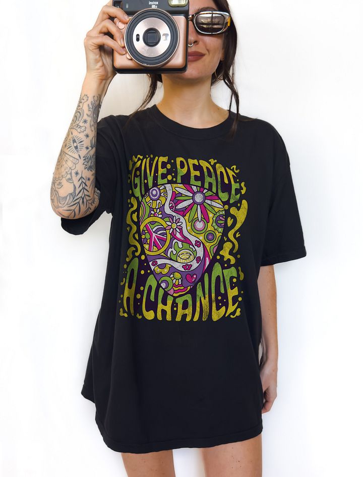 Give Peace a Chance | Trippy Hippie Guitar Pick with Hippie Symbols | Boho-Retro Style T-Shirt Design product image (1)