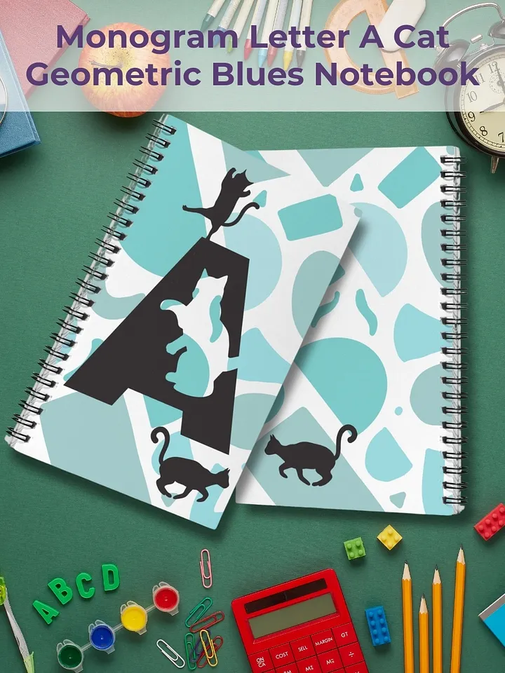 Monogram Letter A Cat Lover Geometric Blues Notebook product image (1)