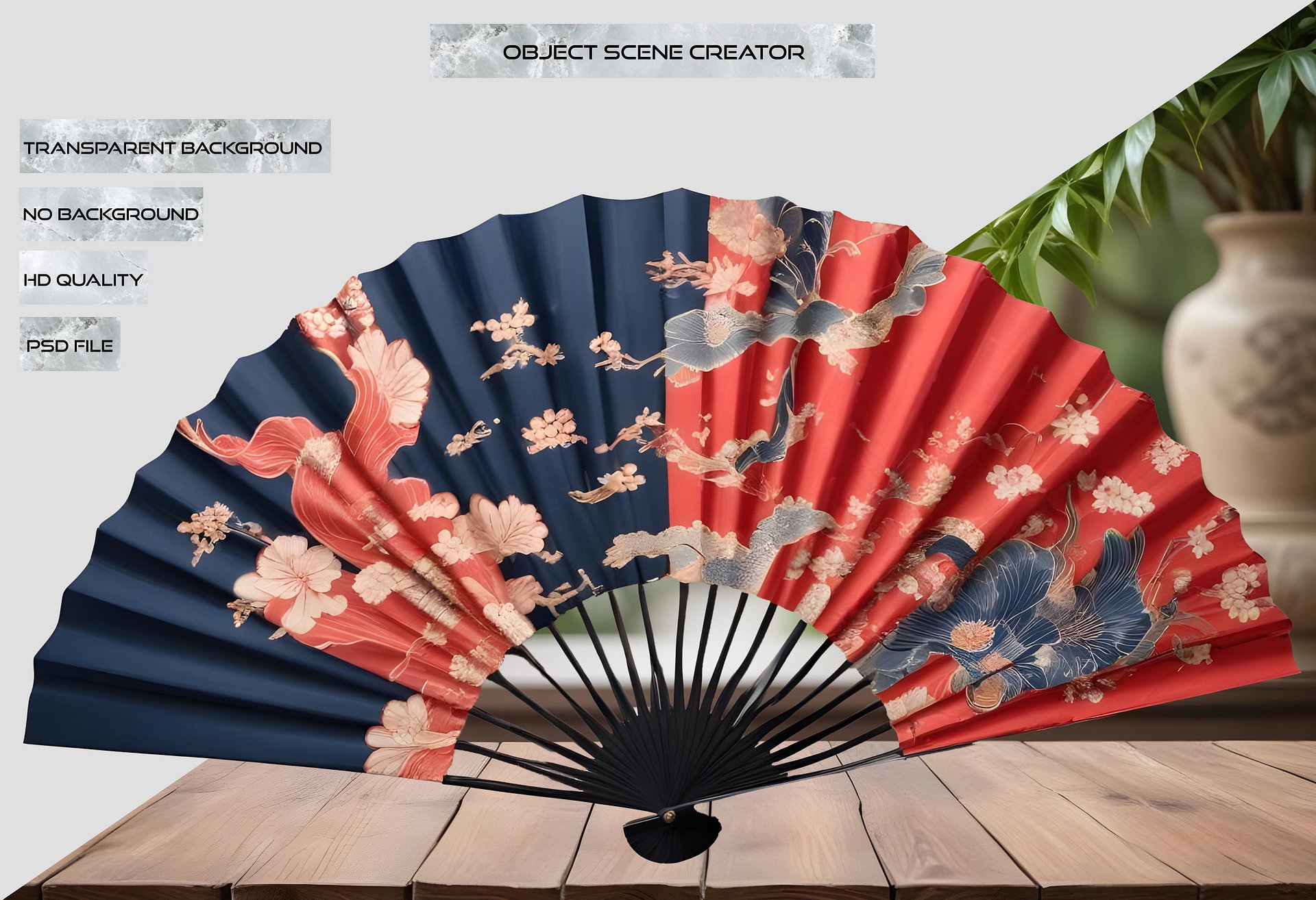 Chinese Decorative Fan – Red and Blue Harmony PNG product image (2)