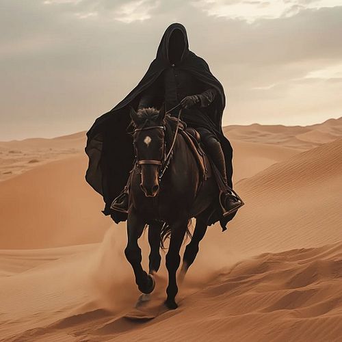 Beneath the blazing sun, where golden dunes stretch endlessly, a shadow rides. Cloaked in black, the rider cuts through the d...