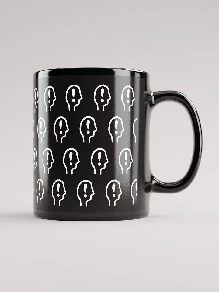 EXCLAIMING MENTALLY (white repeating design) glossy black mug product image (2)