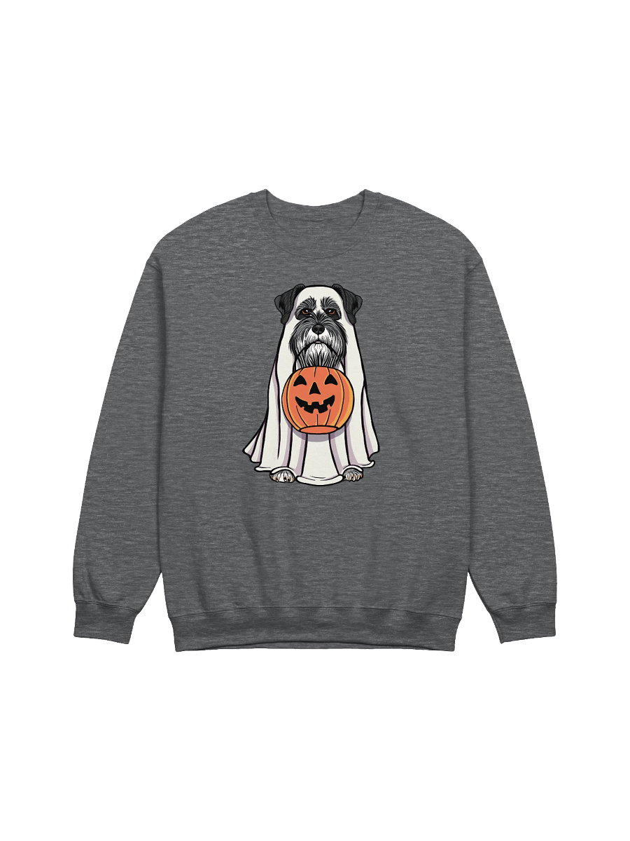 Funny Halloween Schnauzer(Black) Sweatshirt | Funny Schnauzer Wearing a Ghost Costume and Holding a Pumpkin Basket product image (3)