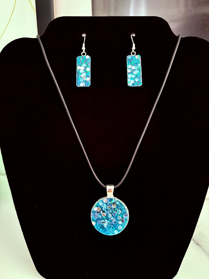 MFD-00233 | Ocean’s Sparkle Jewelry Set – Resin Glitter Pendant Necklace & Earrings | Handmade Jewelry by Monique Faella Designs™ product image (1)