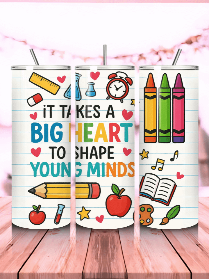 Big Heart to Teach Little Minds Tumbler Wrap PNG – 20oz Skinny Sublimation Design with Whimsical School Elements & Heartfelt Teacher Quote – 300 DPI Instant Digital Download product image (1)