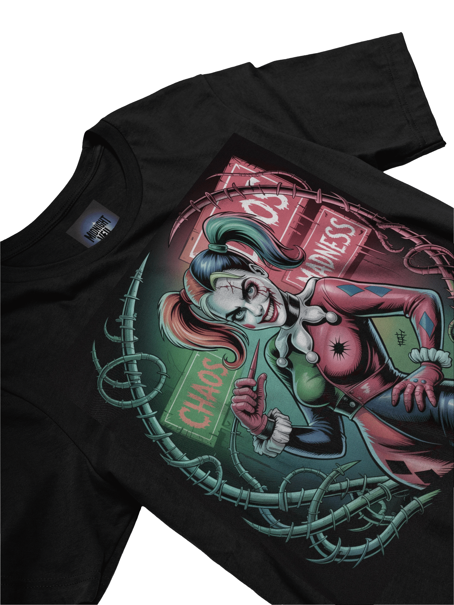 Chaos and Madness: Harley Quinn's Vine-Entwined Vortex Graphic Tee product image (5)