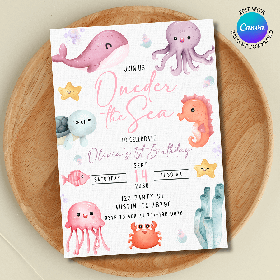 Oneder the Sea Birthday Invitation | Girl 1st Birthday Party Under the Sea | Editable Canva Template | Ocean Mermaid Sea Animals Theme product image (1)