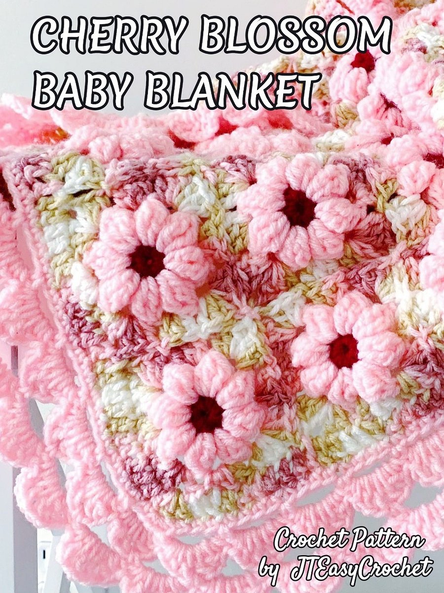 Cherry Blossom Baby Blanket Crochet Pattern, Textured 3D Floral Granny Squares Couch Throw product image (3)