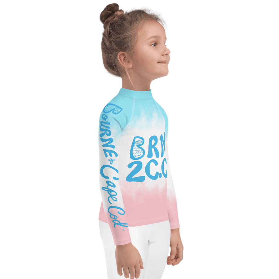 Girls' | Little KIDS | Rash Guard | BRN.2C.C.™ Front Print | BOURNE to Cape Cod™ Back & Sleeve Logo | Coastal UV Shirt for Active Kids | Slim Fit Swim Top | Blue Logo on Patriotic Pastels product image (4)