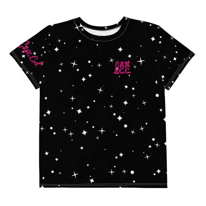 🦩YOUTH | Girls’ | BOURNE to Cape Cod™ | Logo Tee – All-Over Print | BRN.2C.C.™ | Coastal Cutie Vibes💖 | Pink Logo on Starry Black product image (1)