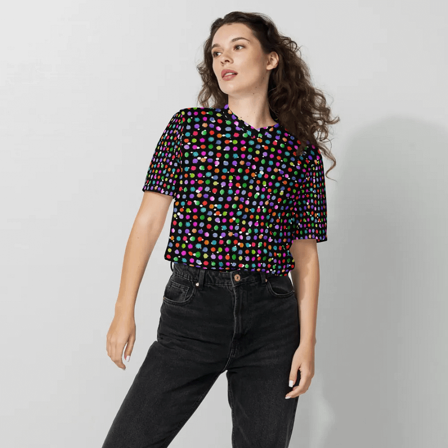 Ladies all over print t shirt black with watercolor dots design. Ideal for casual as well as evening wear product image (8)