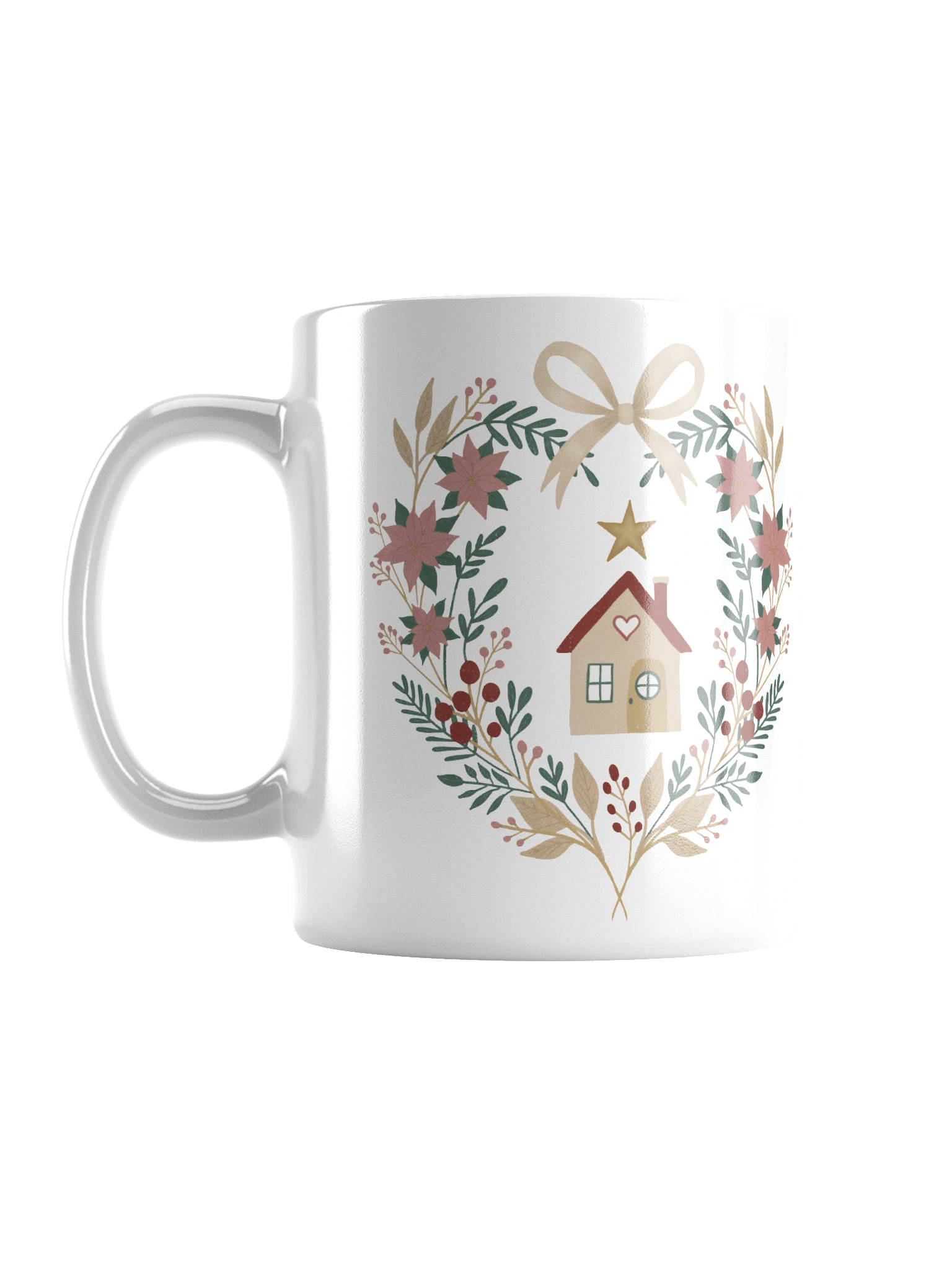 White glossy mug winter heart home. Cozy Christmas mug with handmade winter illustration product image (1)