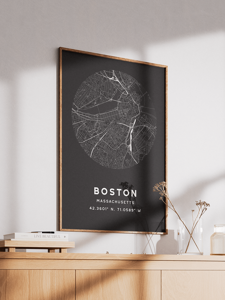 Boston Street Map Poster – Black Minimalist Circular City Art product image (2)