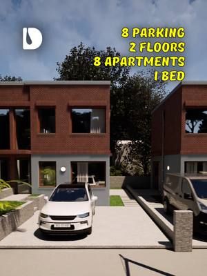 Would you live in this sleek, modern apartment? Built on a 50x100 foot plot—with the main entrance on the long side, this apartment block is designed to turn heads. 🚗 Secure parking for 8 cars.   🏢 Two floors, eight stylish 1-bed apartments.   Each unit with its own front door access and open-plan kitchen, living & dining area. 🌿 Every apartment opens up to a personal green space—perfect for a mini garden, laundry rack, or weekend Barbeque.   🍃 Ground floor units enjoy backyard access.   🌇 First floor units come with their own Juliet balconies. ♻️ On the rooftop?   Solar panels for water heating and lighting.   Plus reserve water tanks—smart, sustainable living. 👀 Let’s tour a first floor unit. Walk through your private entrance, up the stairs to your cozy living space.   🛋️ A well-fitted kitchen, dining zone, and comfy living area.   🛏️ A 10 sqm (110 sq ft) bedroom, and   🛁 A modern bathroom with all essentials. Want to see the layout? 📐 Grab the full construction pack now—architectural, structural, MEP, and BOQ documents—available for immediate download at dpro.design.   Or slide into our DMs for your own custom project on WhatsApp or Telegram on +256754463676 or email hello@dpro.design.  📲 Tag someone building apartments!   Would you live here? #dprodesign #beautifuldesign #ghanatiktok #architecture #1bedroom 