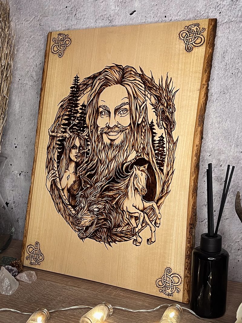 Loki and his children - pyrography on basswood / linden