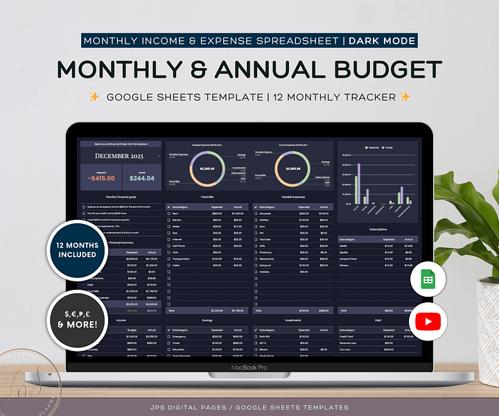 Monthly and Annual Budget Spreadsheet (Dark Mode) product image (1)