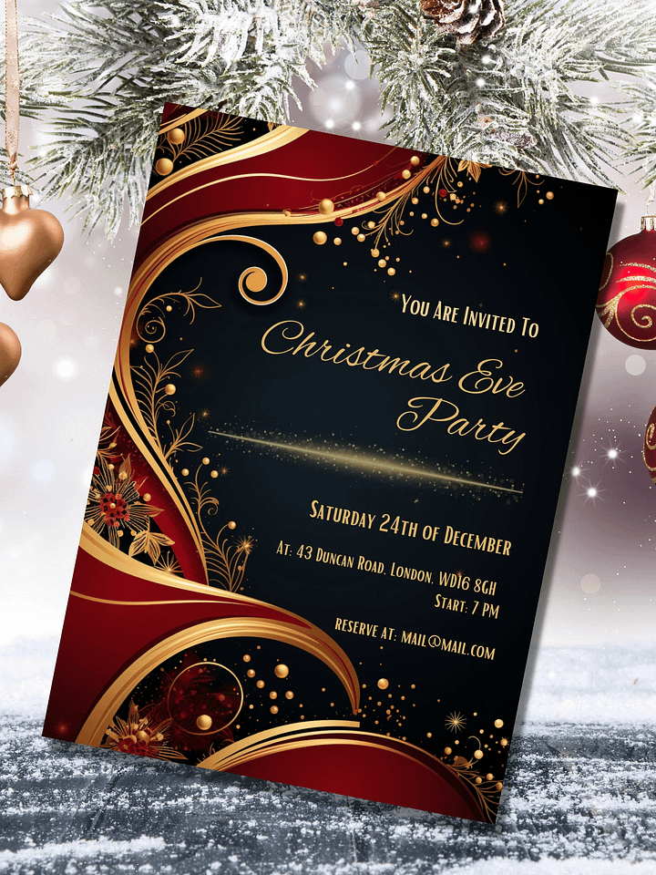 Red and Gold Christmas Eve Party Invitation | Editable in Canva | Christmas Party Printable | Holiday Invitation Template | Link to Canva product image (1)