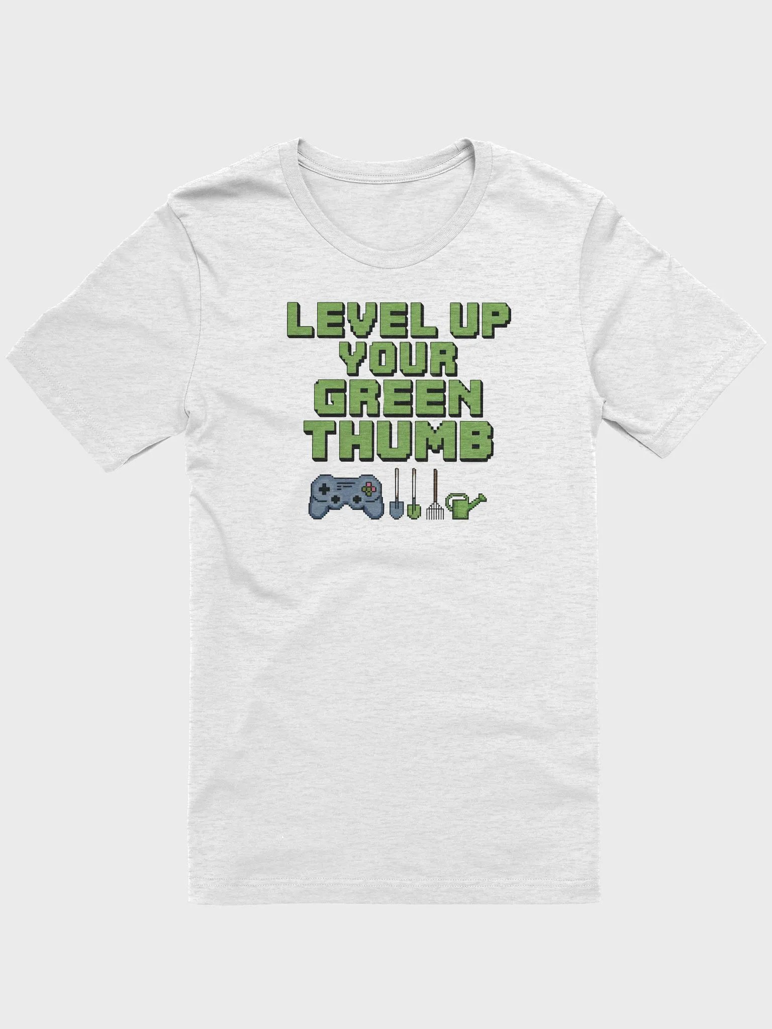 “LEVEL UP YOUR GREEN THUMB” t-shirt, gaming and gardening icons, planting skills tee, virtual gardening pride, classic gaming symbols, green thumb, garden lover, gamer lover, unique gift product image (1)