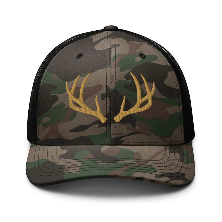 Stylish Camo Embroidered Deer Rack Antlers Trucker Hat product image (1)
