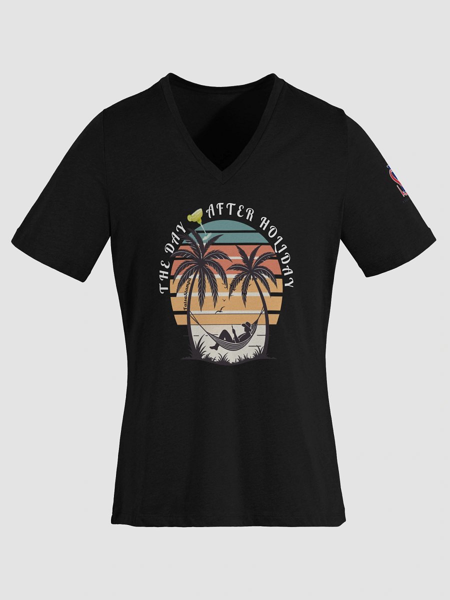The Day After HOLIDAY” Tropical Hammock T-Shirt – Retro Sunset, Palm Trees & Margarita BlissRelaxed V-Neck product image (3)