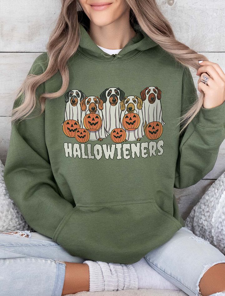 Trick or Treat Funny Halloween Dachshund Dogs Hooded Sweatshirt | Funny Wieners/Doxies Wearing Ghost Costumes and Holding Pumpkin Baskets product image (19)
