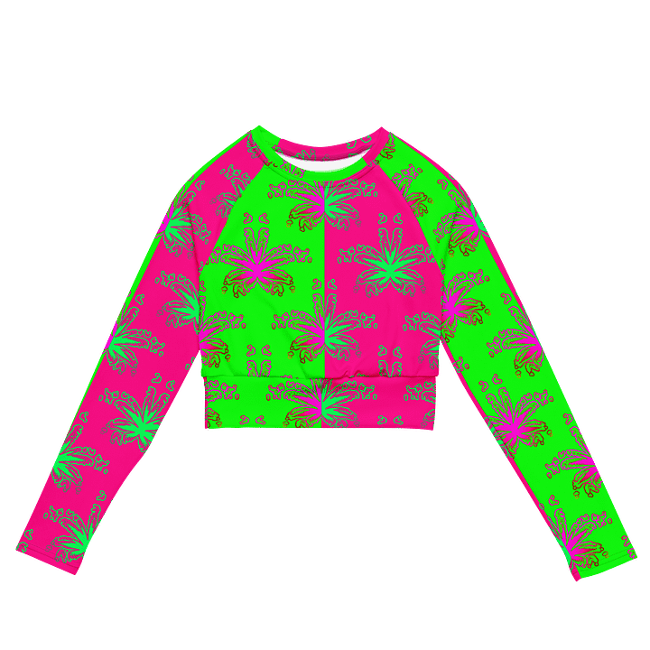 Cannabis Stoner Circus Stripes Recycled Long-Sleeve Crop Top, 420 Summertime Beach Weed Shirt, Neon Green Hot Pink Pot Leaf Pattern Clothing product image (2)