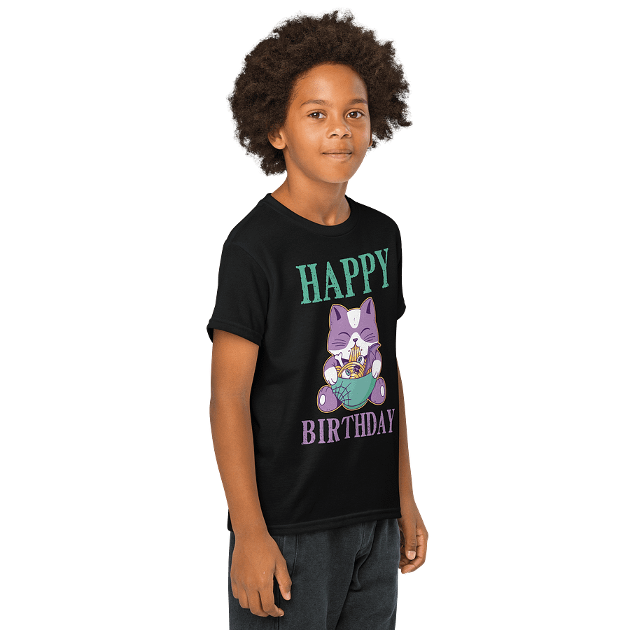 Happy Birthday (Spooky Cat Eating Noodles) T-Shirt For Kids product image (8)