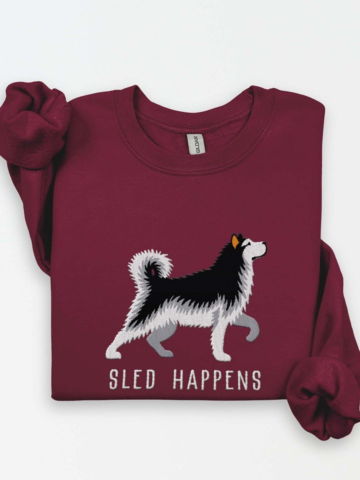 Sled Happens Sweatshirt (Embroidered) of an Alaskan Malamute(Black & White) product image (1)