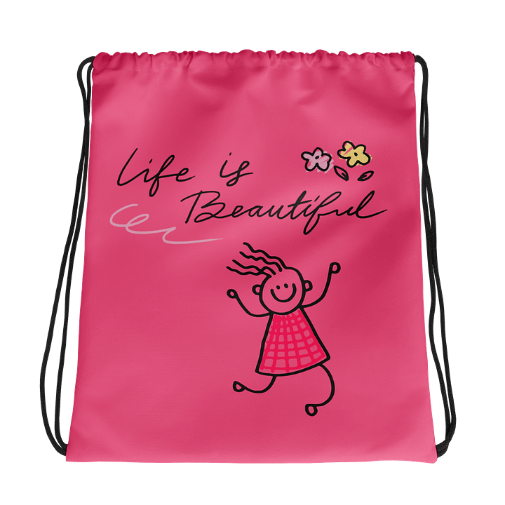 "Life is Beautiful" Doodle Girl Drawstring Bag | Fuchsia product image (1)