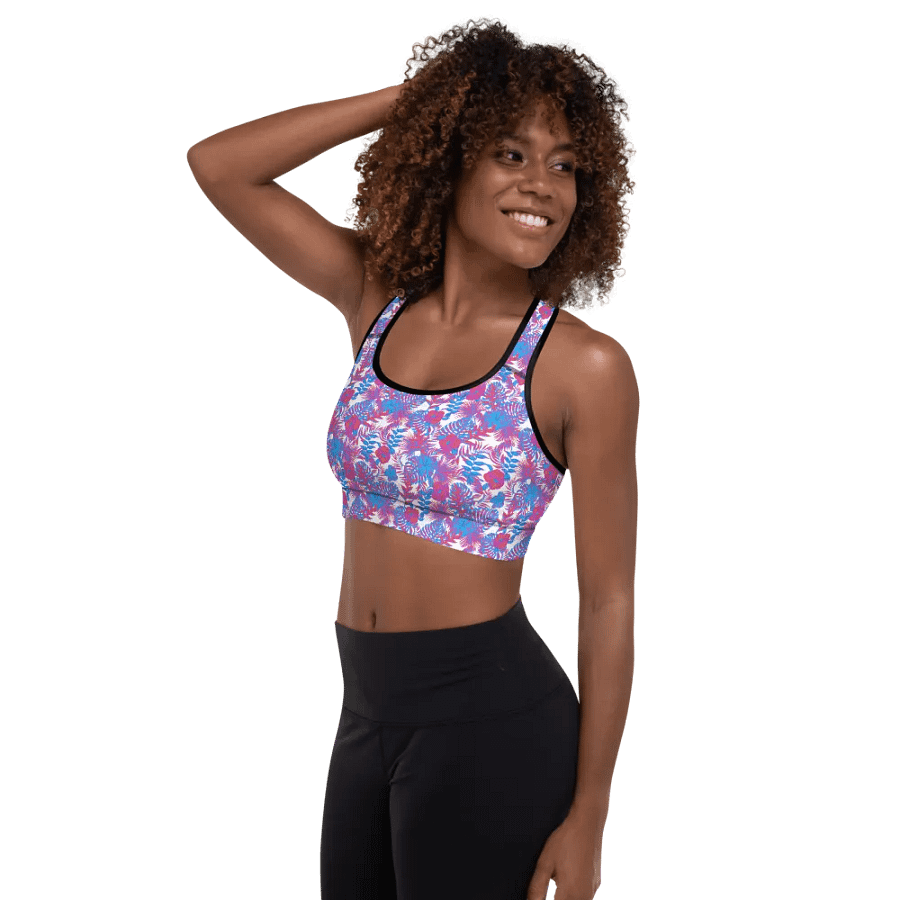 padded sports bra in  blue and pink colors tropical leaves design. Perfect for holiday vibes product image (4)