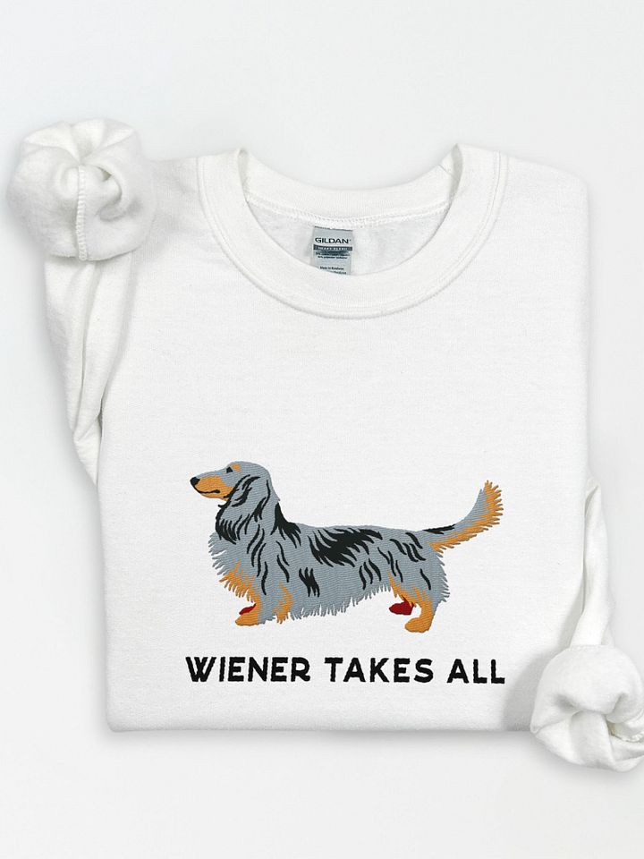 Wiener Takes All Sweatshirt (Embroidered) of a Longhaired Dachshund(Dapple) product image (1)