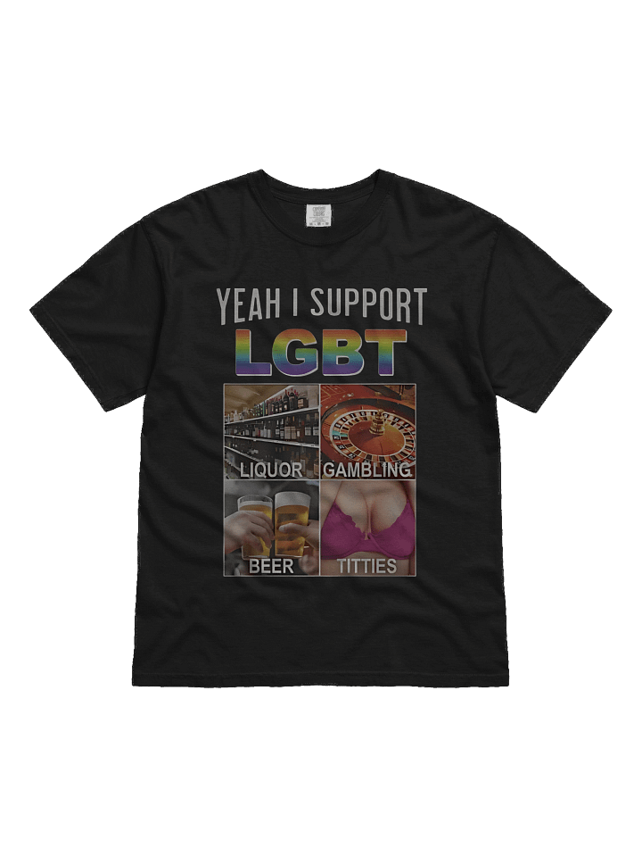 Funny LGBT Parody T-Shirt – Liquor, Gambling, Beer, Titties product image (1)