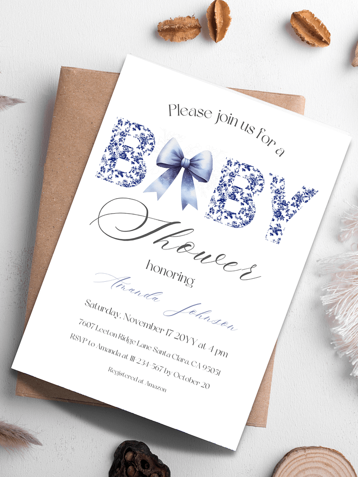 Minimalist Blue Toile de Jouy and Bow Baby Shower Invitation, Chinoiserie Floral Theme, Boy Baby Shower Invite for Digital Download product image (1)