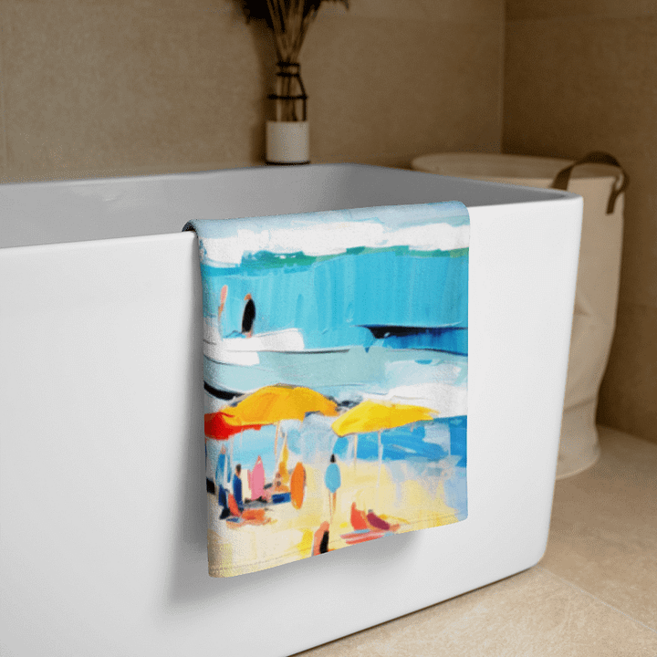 SUNLIT SHORE BEACH TOWEL – 30"x60", COTTON TERRY BACK, IMPRESSIONIST COASTAL ART PRINT product image (2)