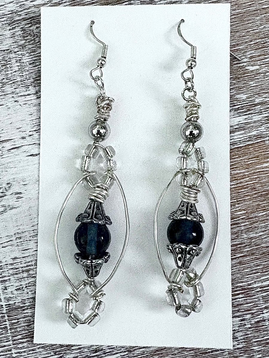 Handmade Ornate Silver-Tone & Dark Blue Bead Earrings | Monique Faella Designs™ | MFD-00126 product image (4)