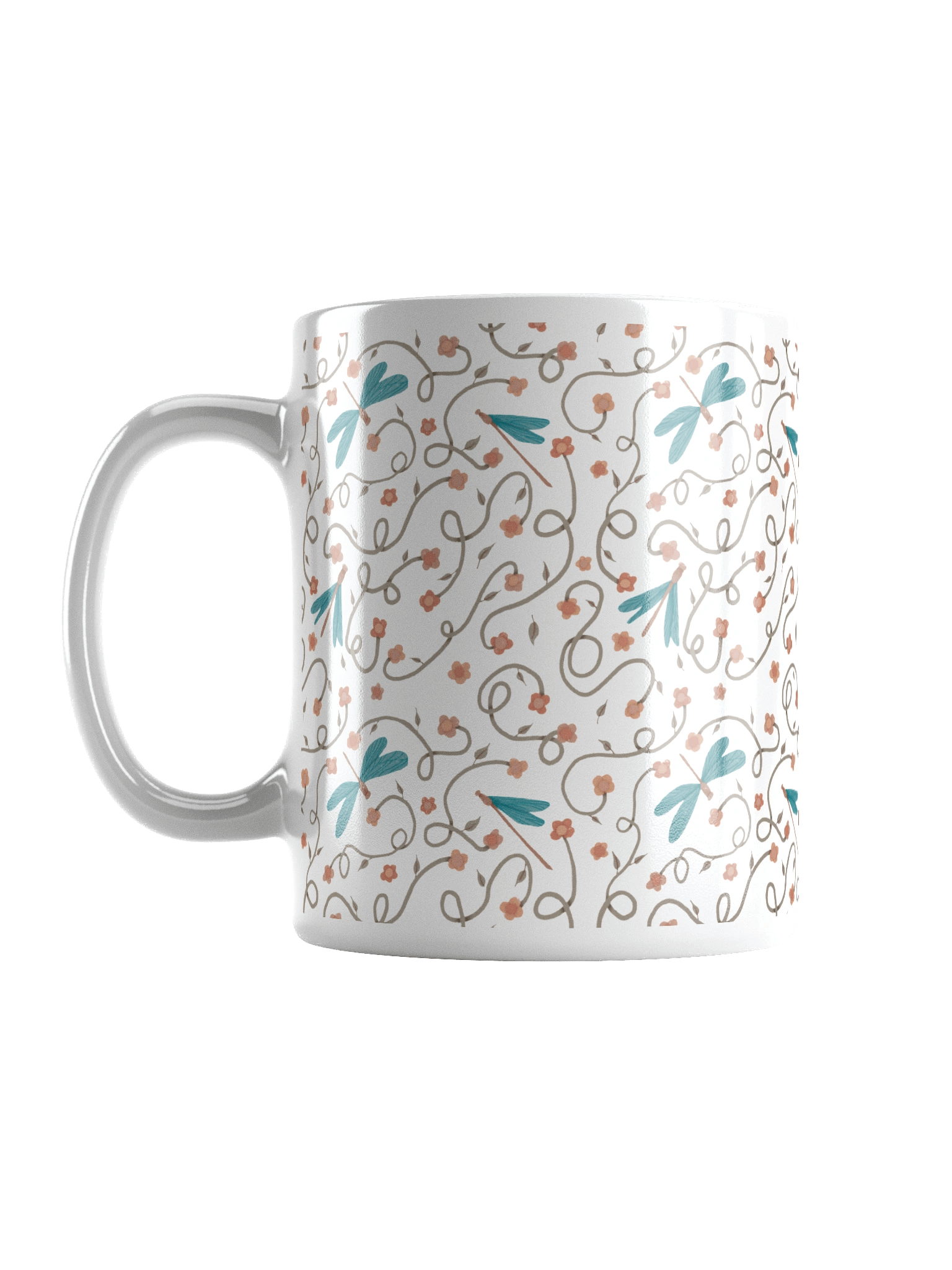 White glossy mug with dragonfly and floral pattern. Artistic nature inspired design product image (1)