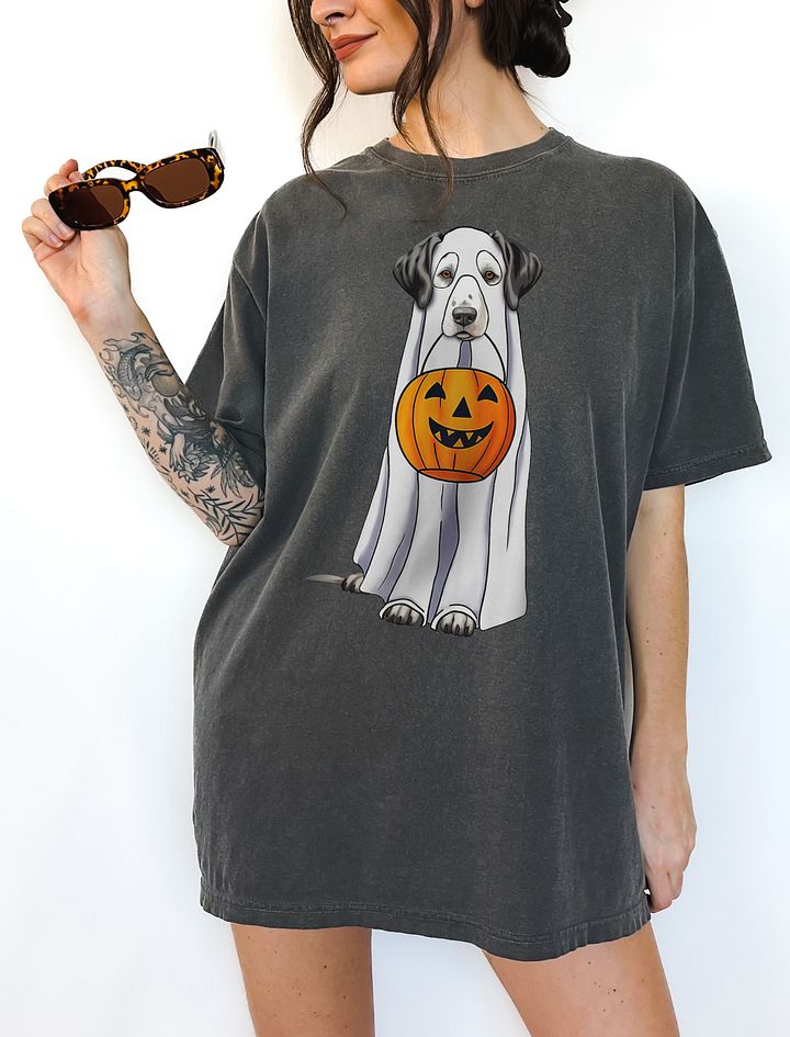 Dalmatian Halloween Tee | Funny Halloween Dalmatian Wearing a Ghost Costume with Pumpkin Basket product image (6)