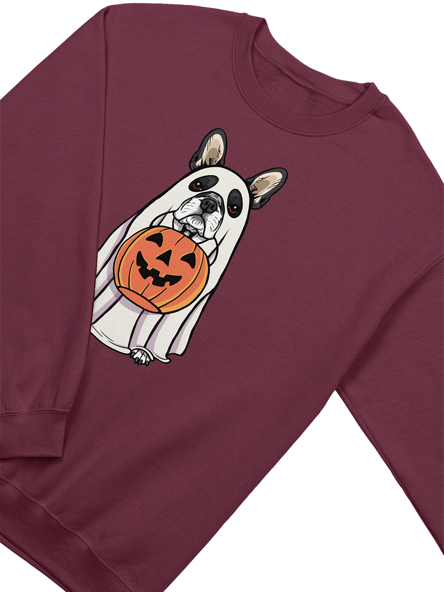 Funny Halloween Boston Terrier Sweatshirt | Funny Boston Terrier Wearing a Ghost Costume and Holding a Pumpkin Basket product image (9)