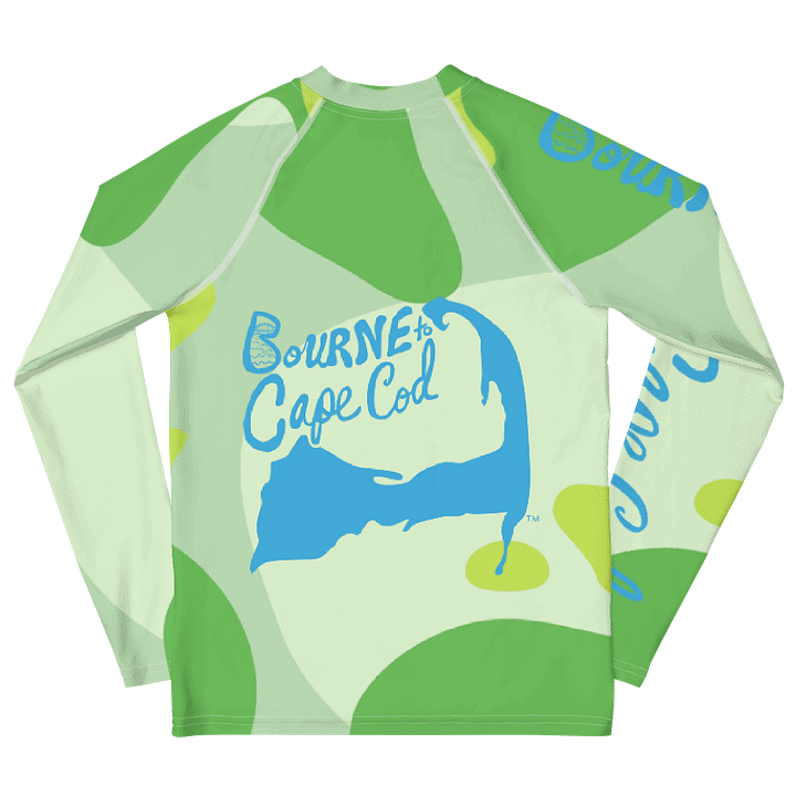 YOUTH | Rash Guard | BRN.2C.C.™ Front Graphic | BOURNE to Cape Cod™ Sleeve & Back Logo | Coastal Swim Shirt for Kids | UV Protection Activewear | Blue Logo on Green Abstract product image (2)