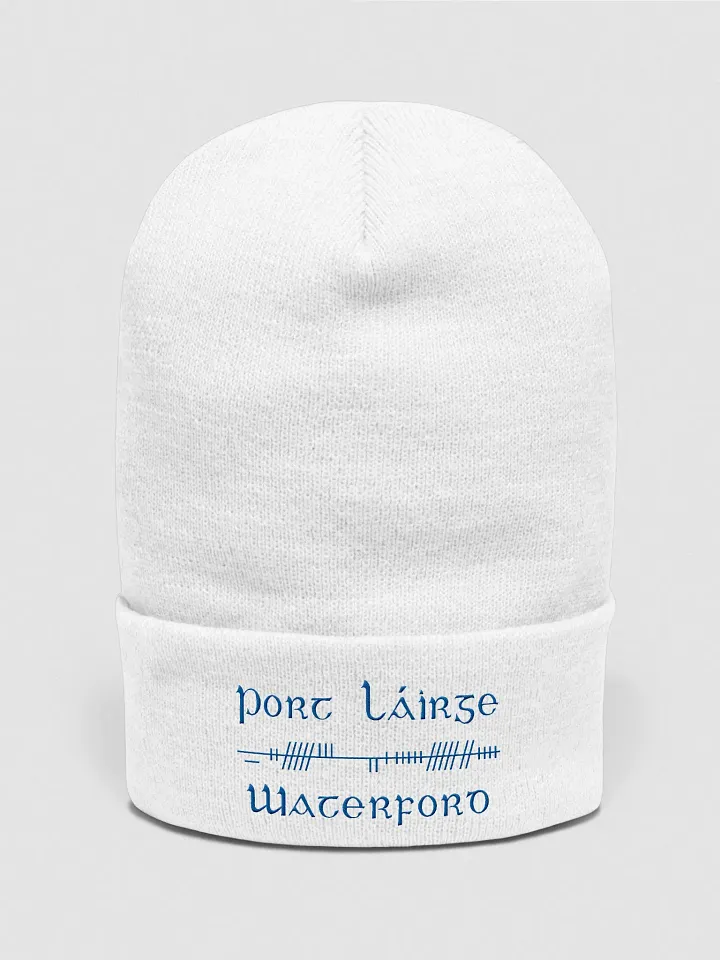 Waterford/Port Láirge, white with blue, Orthodox style Ogham embroidered Cuffed Beanie product image (1)
