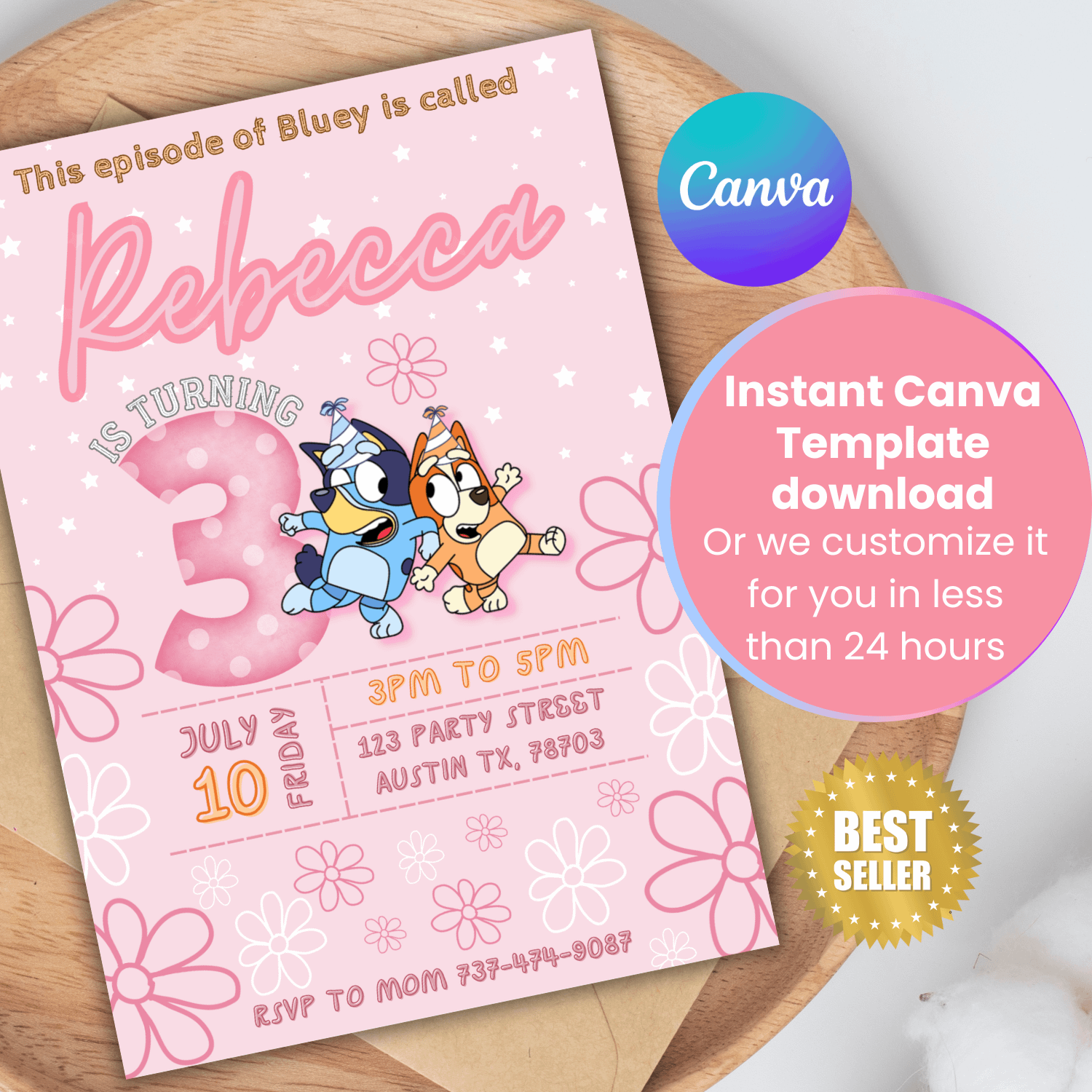 Digital Bluey Pink Birthday Invitation- Canva - 1-10 numbers product image (1)
