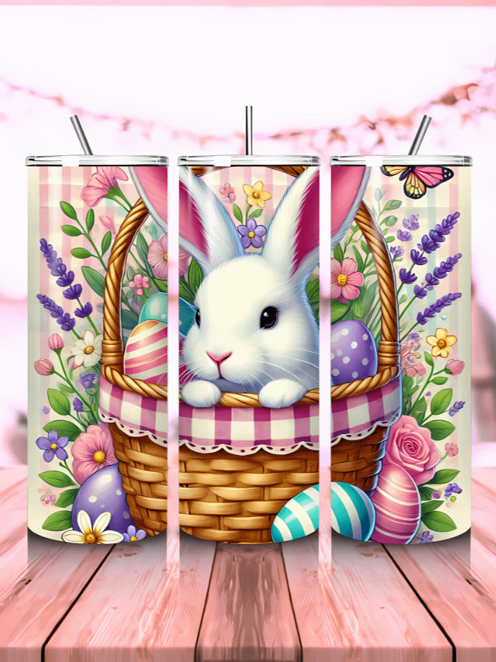 Easter Basket Bunny Skinny Tumbler Wrap – 20oz Sublimation PNG Design – Adorable Holiday Rabbit – Instant Digital Download – High-Resolution 300 DPI product image (1)