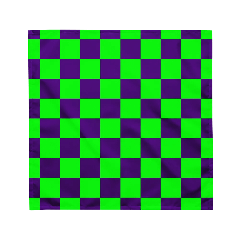 Twisted Checkers Neon Green Purple Bandana, Retro Checkerboard Pattern Accessory product image (3)