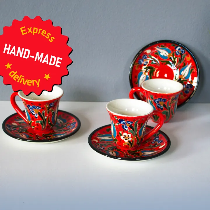 Coffee set of 6 pieces, Ceramic Turkish set (Red) — handmade pottery product image (1)
