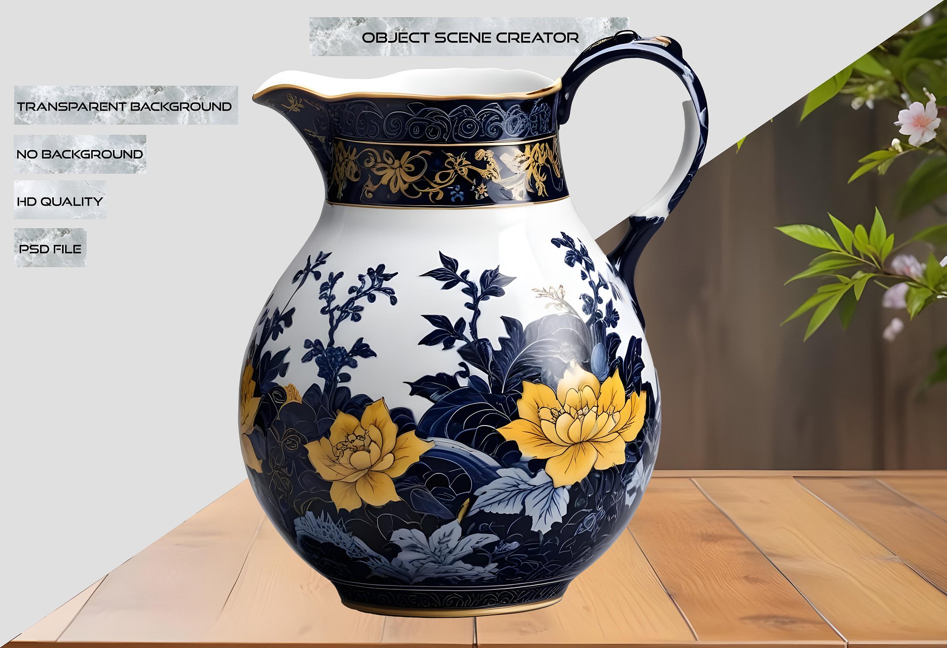 Chinese Porcelain Pitcher – Floral Elegance with Yellow Blossoms PNG product image (2)