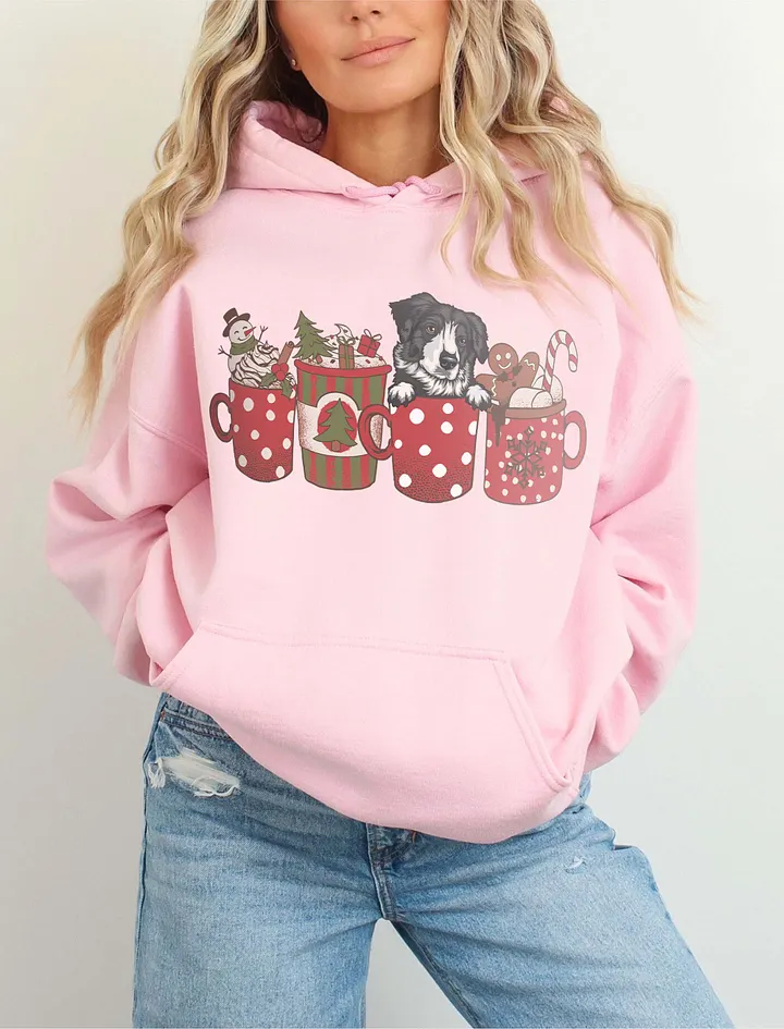 Cute Australian Shepherd(Black & White) in a Christmas Cup Hooded Sweatshirt | Funny Christmas Aussie Pup in a Cup product image (1)