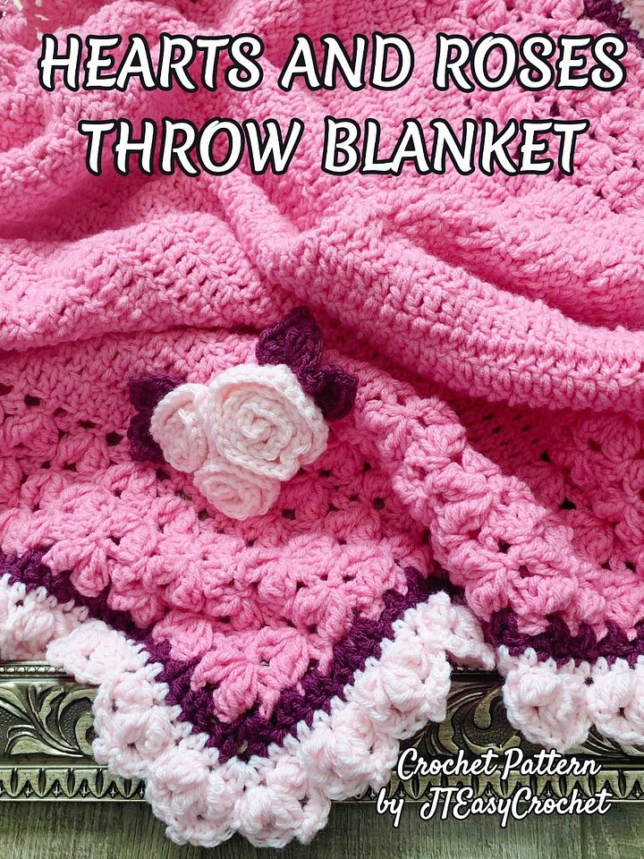 Hearts And Roses Throw Blanket Crochet Pattern with Rose Bouquet Applique product image (2)