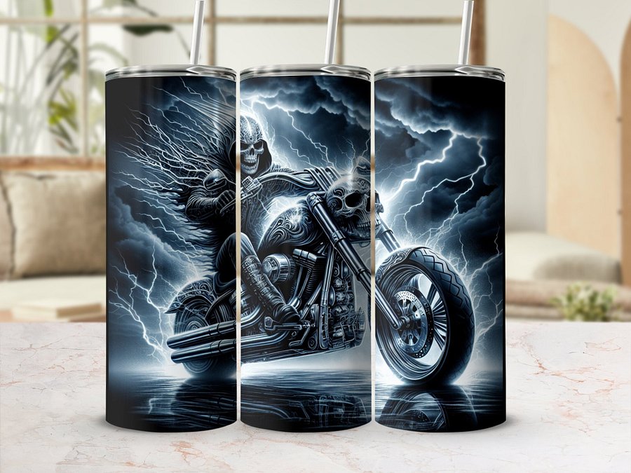 20oz Tumbler Wrap Bundle, Skull Motorcycle, Lightning and Fire Design, 2 Variants, 4 Files, Straight/Tapered, High-Resolution 300ppi product image (2)