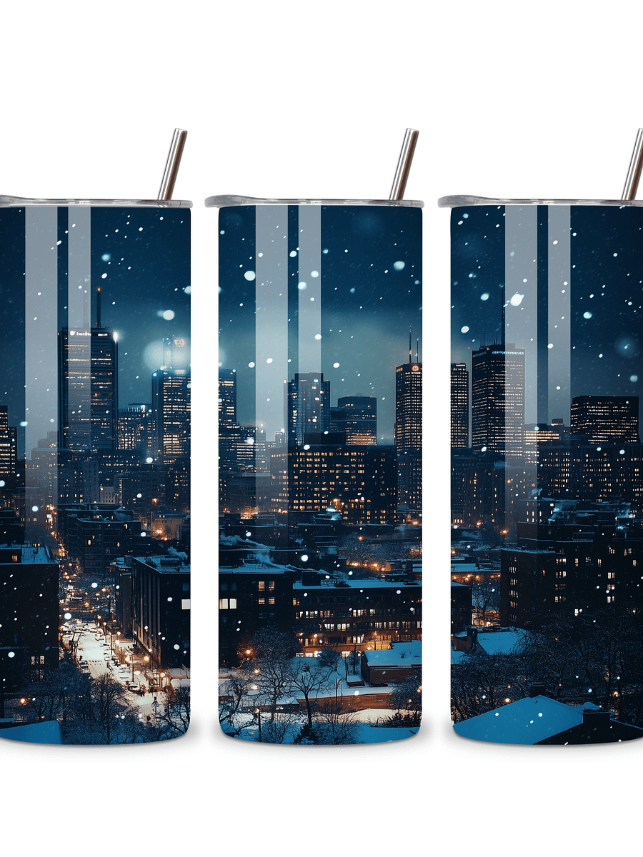 Winter City Skyline 20oz Skinny Tumbler with Metal Straw – Elegant Snowfall and Urban Design – Double-Walled Insulated Stainless Steel Tumbler, Great for City and Winter Lovers product image (4)
