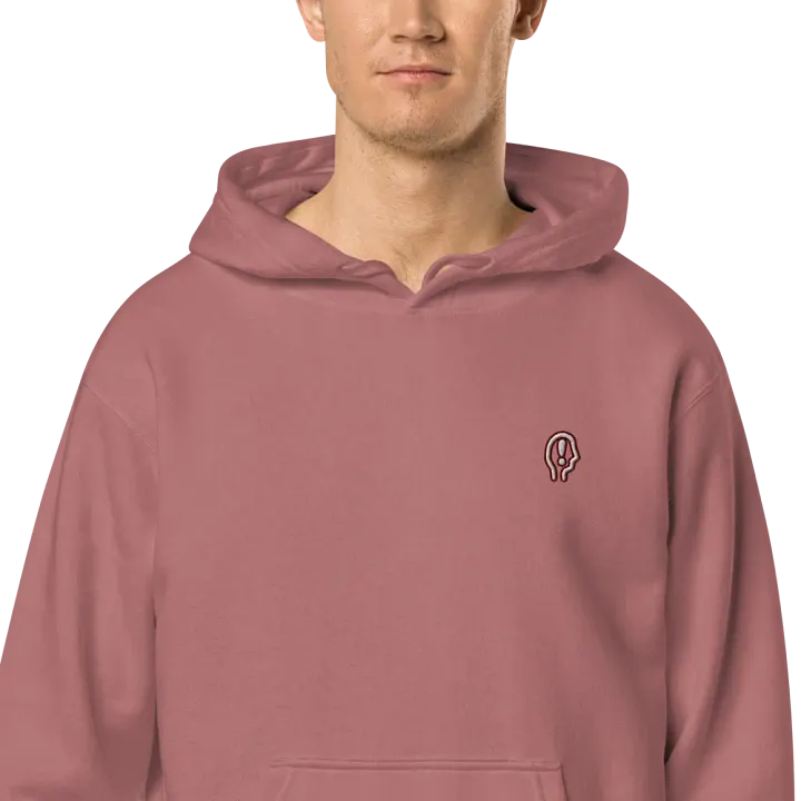 EXCLAIMING MENTALLY (sm. maroon bubble design) embroidered pigment hoodie product image (2)