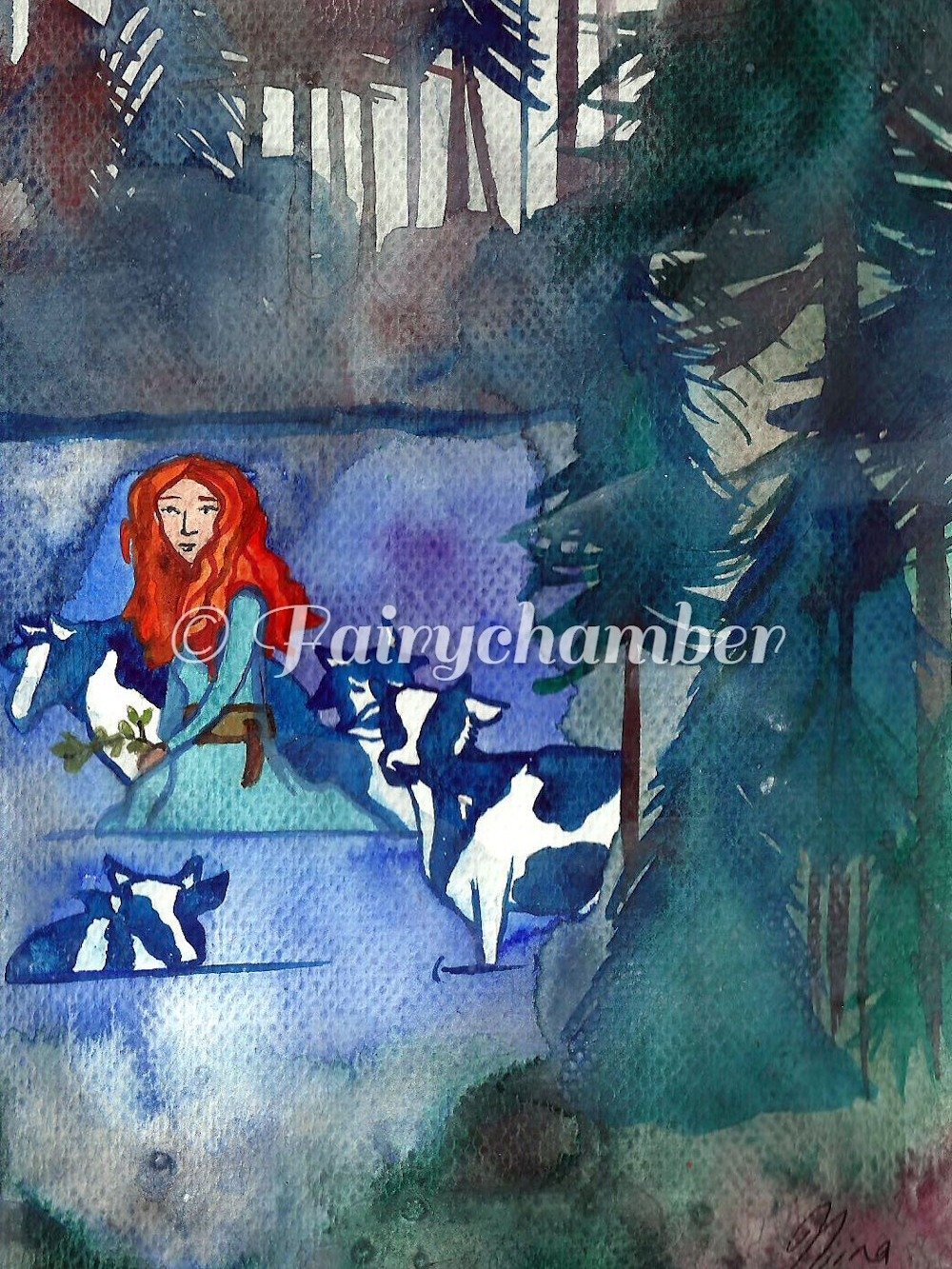 Vellamo And The Magic Cows Original Watercolor Painting product image (1)